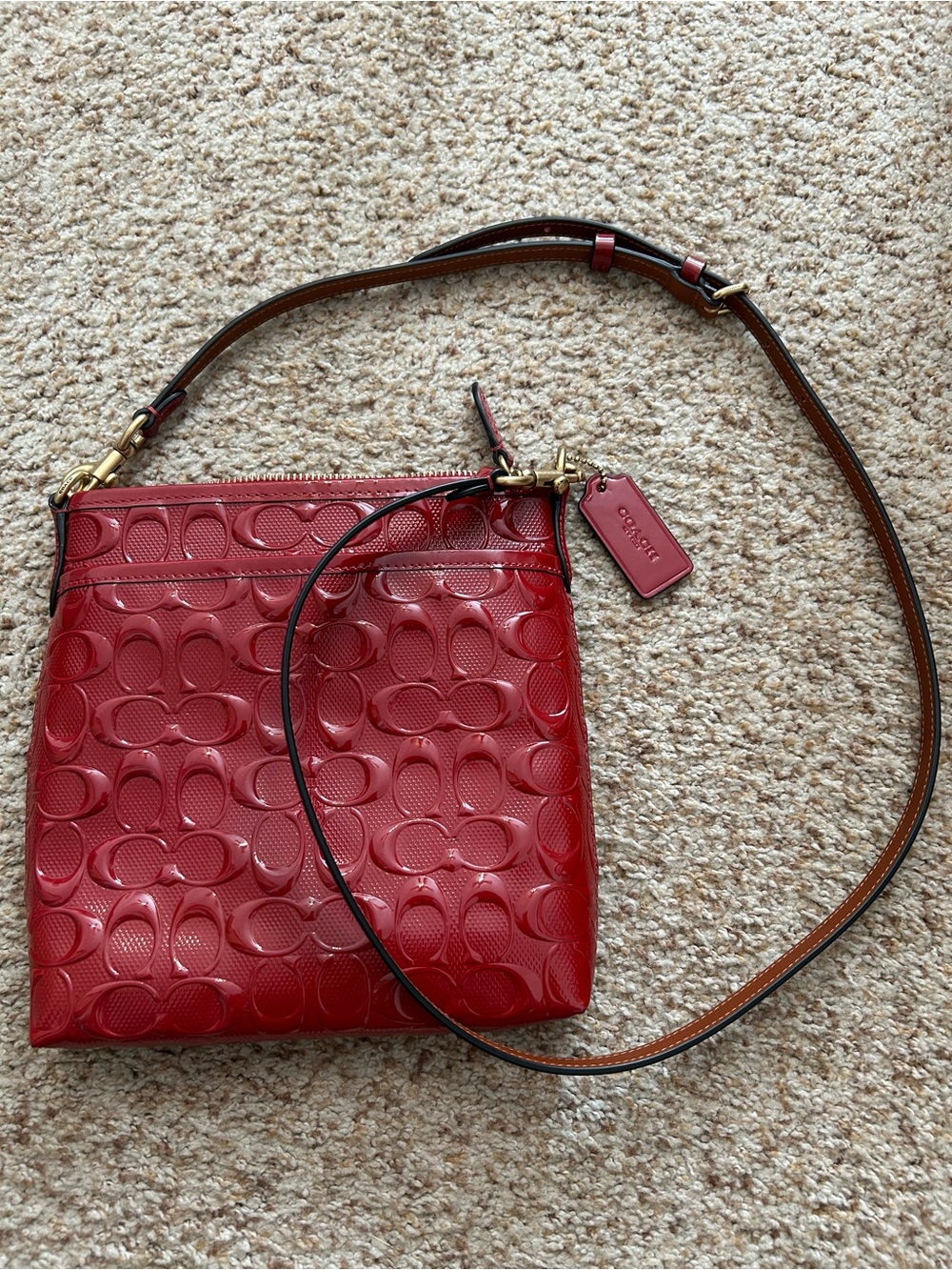 Coach Red Patent Signature Crossbody with Brown Strap